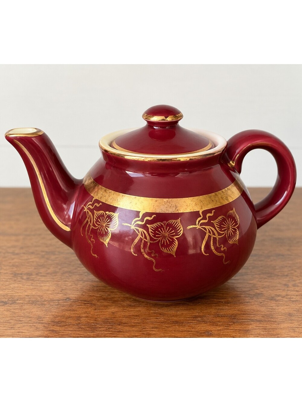 Vintage Hall China 033 2 Cup Teapot Burgundy Gold Trillium Floral USA